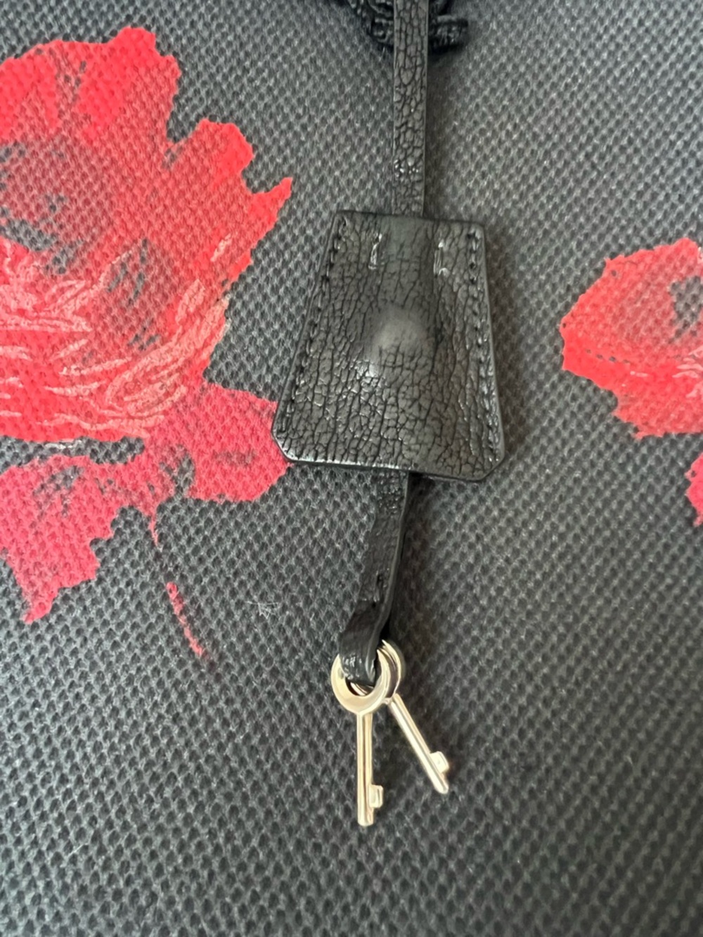 PRADA Black and Red Rose Floral Top Handle Bag Clochette Keys Silver Hardware - Picture 8 of 16